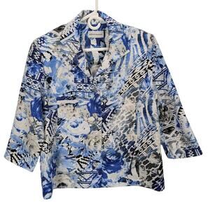 alfred dunner Jacket Womens 12 Blue Floral Abstract 3/4 Sleeve Button Stunner